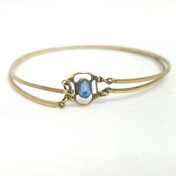 Vintage Gold Tone Skinny Bangle Bracelet with Blue Rhinestone Center, Unique - Picture 1 of 9